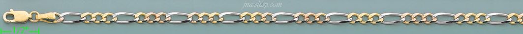 14K Gold Figaro 3+1 3Color Chain 7.5" 4mm - Click Image to Close