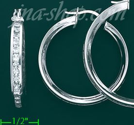 14K Gold White Hoop & Channel CZ Earrings - Click Image to Close