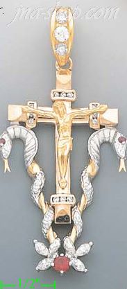 14K Gold Cross Crucifix w/Snakes CZ Charm Pendant - Click Image to Close