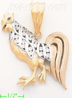 14K Gold Rooster CZ Charm Pendant - Click Image to Close