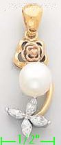 14K Gold Flowers w/Pearl CZ Charm Pendant - Click Image to Close