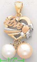 14K Gold Love Heart w/2 Dangling Pearls CZ Charm Pendant - Click Image to Close