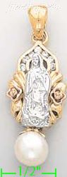 14K Gold Virgin of Guadalupe w/Dangling Pearl CZ Charm Pendant - Click Image to Close