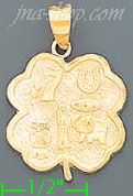 14K Gold Four-Leaf Clover w/Lucky Symbols Good Luck Charm Pendan - Click Image to Close