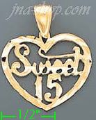 14K Gold Sweet 15 Heart Dia-Cut Charm Pendant - Click Image to Close