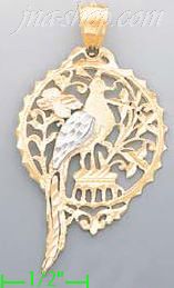 14K Gold Pheasant Peacock 3Color Dia-Cut Charm Pendant - Click Image to Close