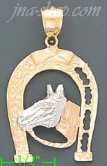 14K Gold Horseshoe w/Horse Head 3Color Dia-Cut Charm Pendant - Click Image to Close