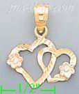 14K Gold Hearts w/Flowers 3Color Dia-Cut Charm Pendant - Click Image to Close