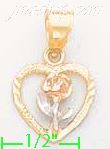 14K Gold Heart w/Rose 3Color Dia-Cut Charm Pendant - Click Image to Close