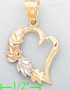 14K Gold Heart w/Leaves 3Color Dia-Cut Charm Pendant - Click Image to Close