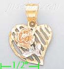 14K Gold Heart w/Rose 3Color Dia-Cut Charm Pendant - Click Image to Close