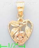 14K Gold Heart w/Rose 3Color Dia-Cut Charm Pendant - Click Image to Close