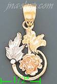 14K Gold Rose w/Leaves 3Color Dia-Cut Charm Pendant - Click Image to Close