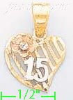 14K Gold 15 Años Heart w/Flower 3Color Dia-Cut Charm Pendant - Click Image to Close