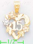 14K Gold 15 Años Heart w/Flowers 3Color Dia-Cut Charm Pendant - Click Image to Close