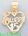 14K Gold Sweet 15 Heart 3Color Dia-Cut Charm Pendant - Click Image to Close