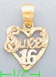 14K Gold Sweet 16 Heart 3Color Dia-Cut Charm Pendant - Click Image to Close