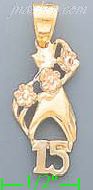 14K Gold Hand w/Flowers Holding 15 Años 3Color Dia-Cut Charm Pen - Click Image to Close