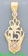 14K Gold 15 Años Crown 3Color Dia-Cut Charm Pendant - Click Image to Close