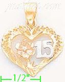 14K Gold 15 Años Heart w/Flower 3Color Dia-Cut Charm Pendant - Click Image to Close