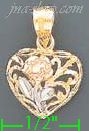 14K Gold Heart w/Rose 3Color Dia-Cut Charm Pendant - Click Image to Close