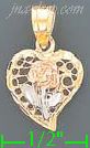 14K Gold Heart w/Rose 3Color Dia-Cut Charm Pendant - Click Image to Close