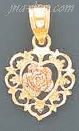 14K Gold Heart w/Rose 3Color Dia-Cut Charm Pendant - Click Image to Close