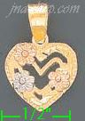 14K Gold Heart w/Flowers 3Color Dia-Cut Charm Pendant - Click Image to Close