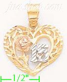 14K Gold 15 Años Heart w/Rose 3Color Dia-Cut Charm Pendant - Click Image to Close