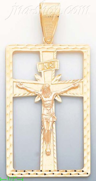 14K Gold Crucifix Cross w/Rectagular Frame 3Color Dia-Cut Charm - Click Image to Close