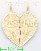 14K Gold Te Amo 2-piece Split Heart Dia-Cut Charm Pendant - Click Image to Close