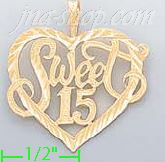 14K Gold Sweet 15 Heart Dia-Cut Charm Pendant - Click Image to Close