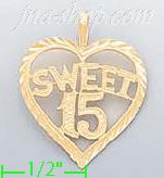 14K Gold Sweet 15 Heart Dia-Cut Charm Pendant - Click Image to Close