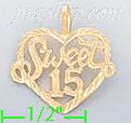 14K Gold Sweet 15 Heart Dia-Cut Charm Pendant - Click Image to Close