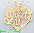 14K Gold Sweet 16 Heart Dia-Cut Charm Pendant - Click Image to Close