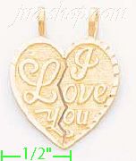 14K Gold I Love You 2-piece Split Heart Dia-Cut Charm Pendant - Click Image to Close