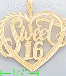 14K Gold Sweet 16 Heart Dia-Cut Charm Pendant - Click Image to Close