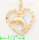 14K Gold Dolphin in Rope Heart Dia-Cut Charm Pendant - Click Image to Close