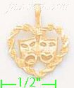 14K Gold Comedy & Tragedy Masks in Rope Heart Dia-Cut Charm Pend - Click Image to Close