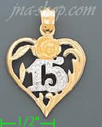 14K Gold 15 Rose in Heart 2Tone Charm Pendant - Click Image to Close