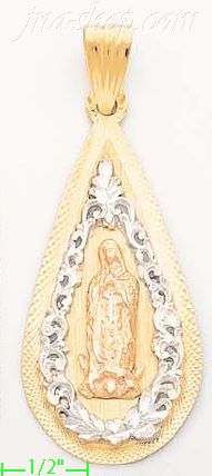 14K Gold Virgin of Guadalupe Teardrop Stamp Charm Pendant - Click Image to Close