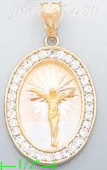 14K Gold Crucifix Oval 3Color Stamped CZ Charm Pendant - Click Image to Close