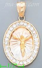 14K Gold Crucifix Oval 3Color Stamped CZ Charm Pendant - Click Image to Close