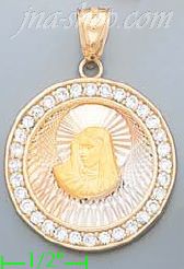 14K Gold Virgin Round 3Color Stamped CZ Charm Pendant - Click Image to Close