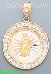 14K Gold Virgin of Guadalupe Round 3Color Stamped CZ Charm Penda - Click Image to Close