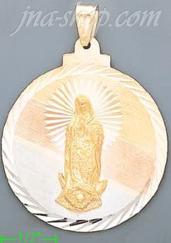 14K Gold Virgin of Guadalupe Round 3Color Stamped CZ Charm Penda - Click Image to Close