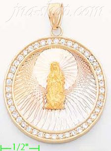 14K Gold Virgin of Guadalupe Round 3Color Stamped CZ Charm Penda - Click Image to Close