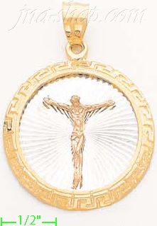 14K Gold Crucifix w/Greek Design Frame Round Stamp Charm Pendant - Click Image to Close