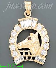 14K Gold Horse Head Horseshoe CZ Charm Pendant - Click Image to Close