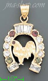 14K Gold Horseshoe w/Cock Rooster CZ Charm Pendant - Click Image to Close